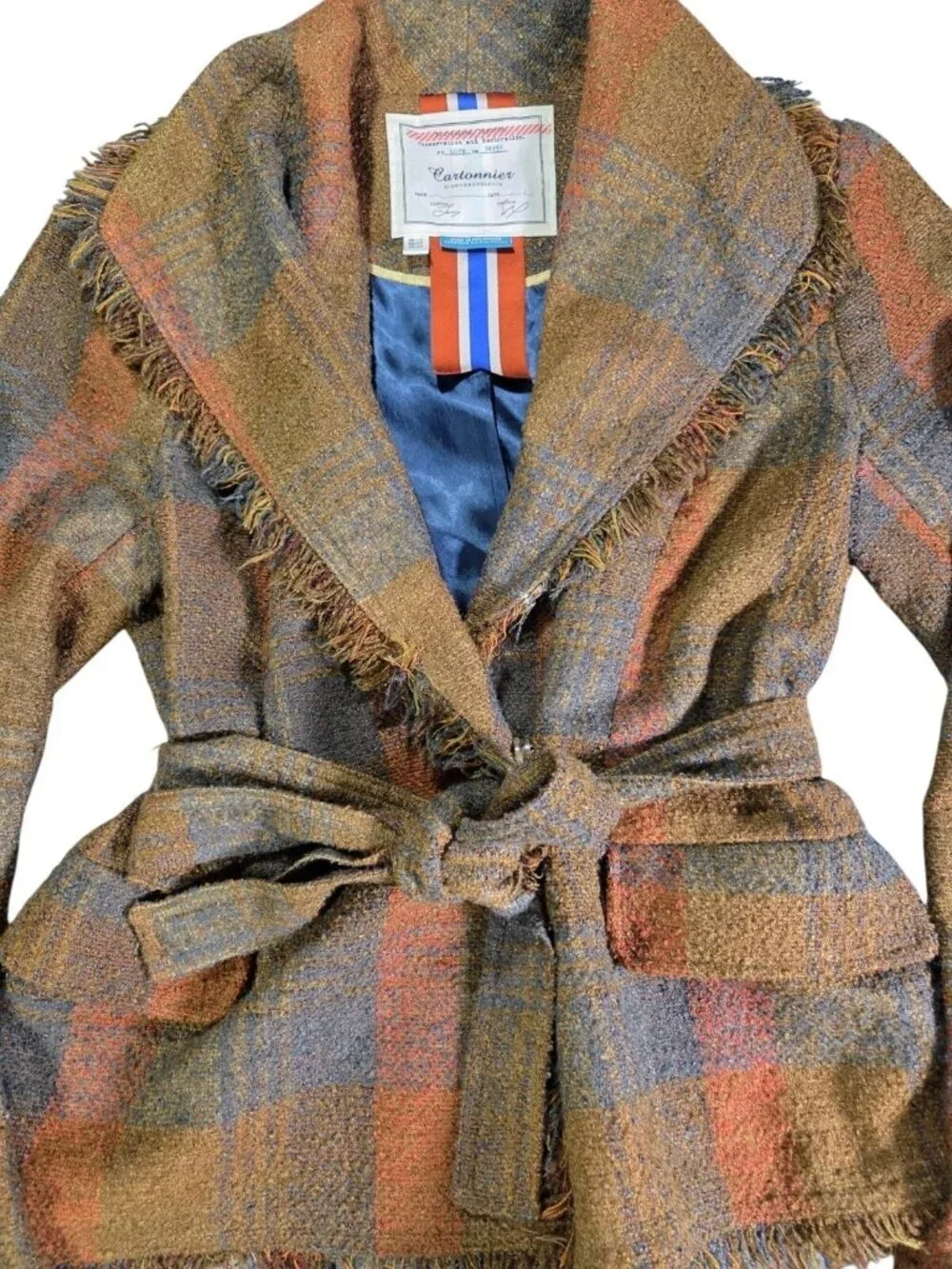 Cartonnier Anthropologie Women's Plaid Tie Waist Fringe Blazer Jacket Sz 10